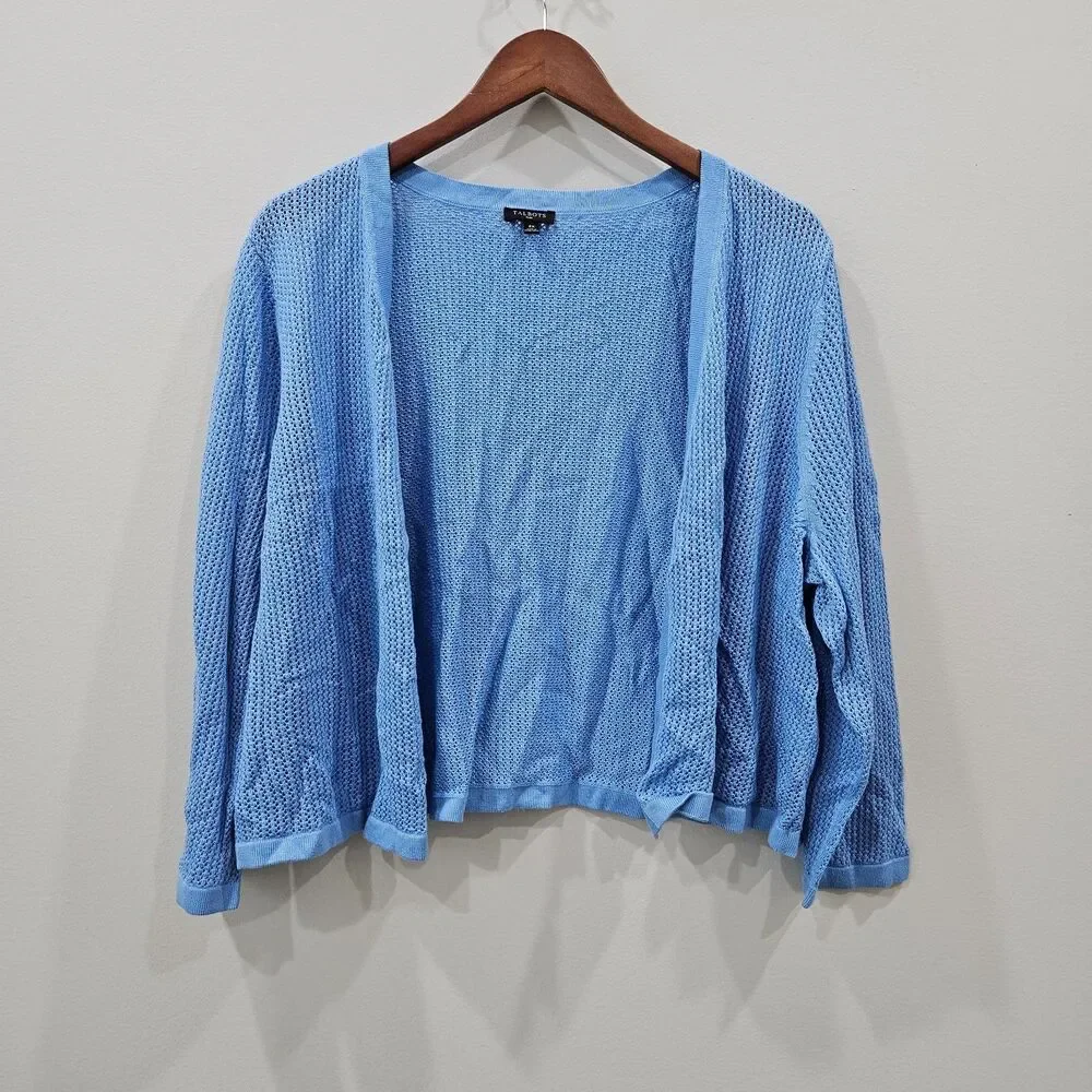 Talbots Womens Open Knit Cropped Cardigan Plus 2X Blue Fairy Beach‎ Coastal